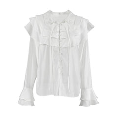 White Ruffled Flare Sleeve Tencel Shirt