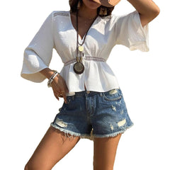 Solid Color Hollow-out Waist Inlaid Lace Shirt