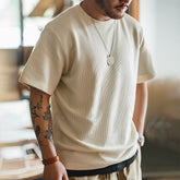 Waffle Round Neck Knitted Short Sleeve T-shirt Half Sleeve Bottoming Shirt