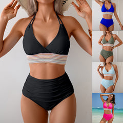 Female Creative Color Blocked Neck Split Swimsuit