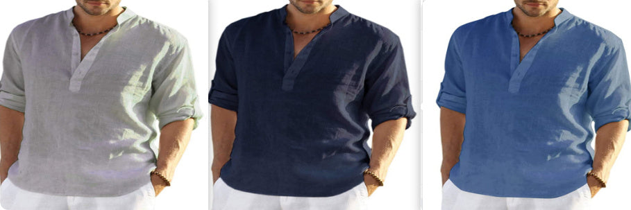 Men's Casual Cotton Linen Solid Color Long Sleeve Shirt Loose Stand Collar