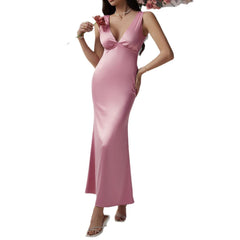 Solid Color Slim Fit Deep V-neck Backless Evening Dress Long Dress