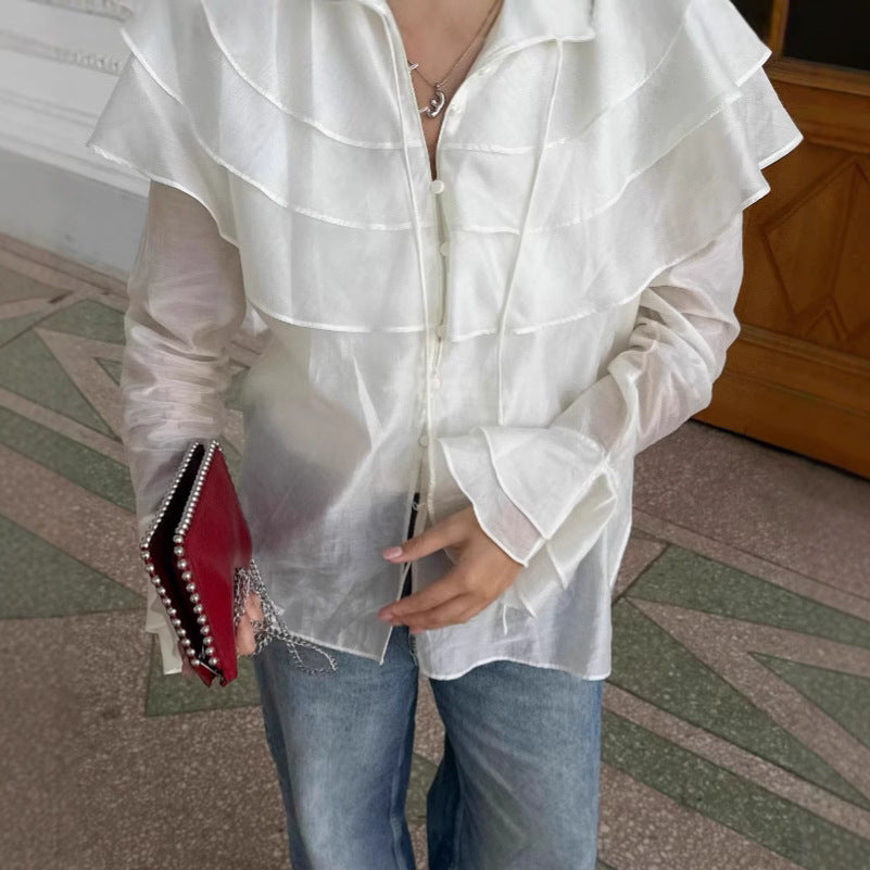 White Ruffled Flare Sleeve Tencel Shirt